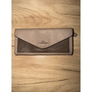 COACH Signature Slim Envelope‎ Style Colorblock Wallet Brown Tan Color J